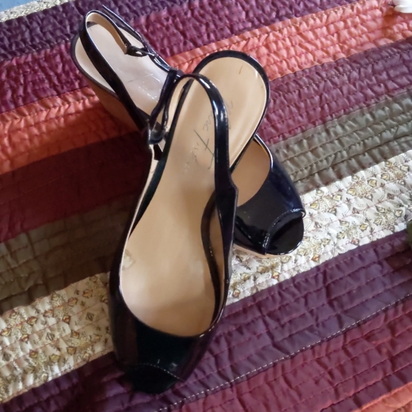 Marc Fisher Shoes - Ladies peep toe slingback patent/cork/wedge shoe